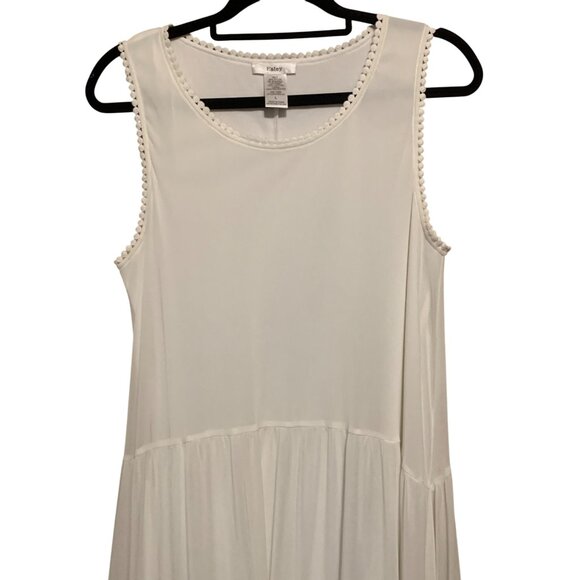 Esley White Sleeveless Dress Embroidered Hem Pom-Pom Trim Sz L Fairy Cottagecore - Picture 3 of 11